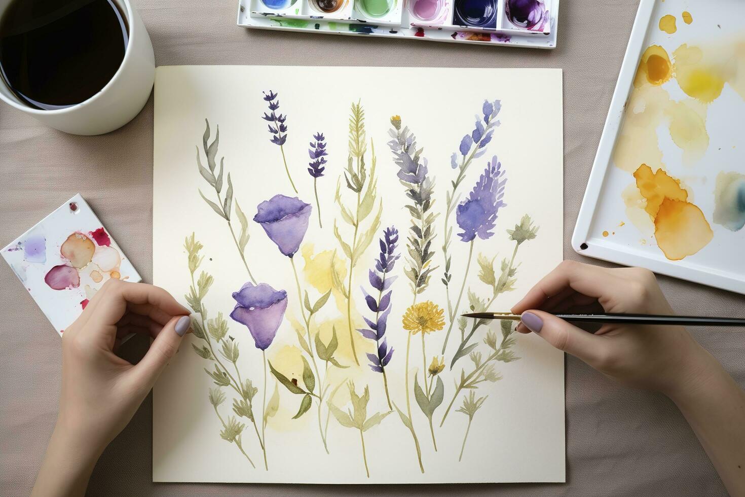 Farbe ein Serie von Aquarell botanisch Illustrationen, präsentieren anders Typen von Blumen und Laub mit wissenschaftlich Genauigkeit, generieren ai foto