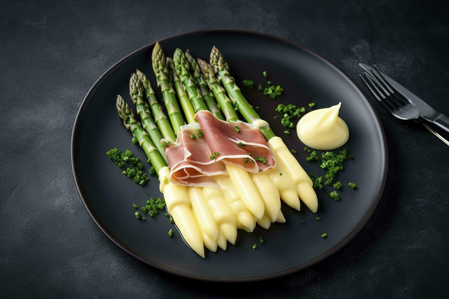 modern Stil traditionell gedämpft Weiß Spargel mit geheilt Schinken und Hollandaise Soße serviert wie oben Aussicht auf ein nordisch Design Teller mit Kopieren Raum, generieren ai foto