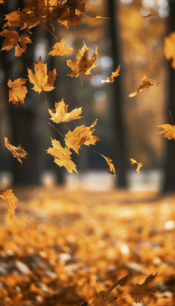 fliegend fallen Ahorn Blätter auf Herbst Hintergrund. fallen Blätter, saisonal Banner mit Herbst Laub, generieren ai foto