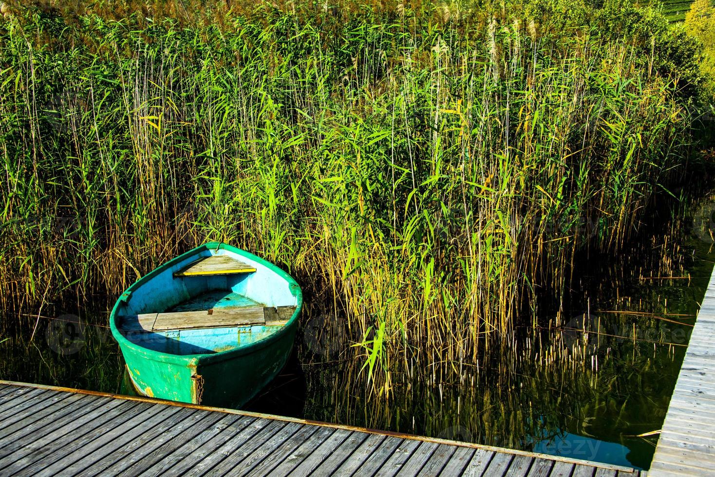 Boot zwischen Schilf und Steg foto