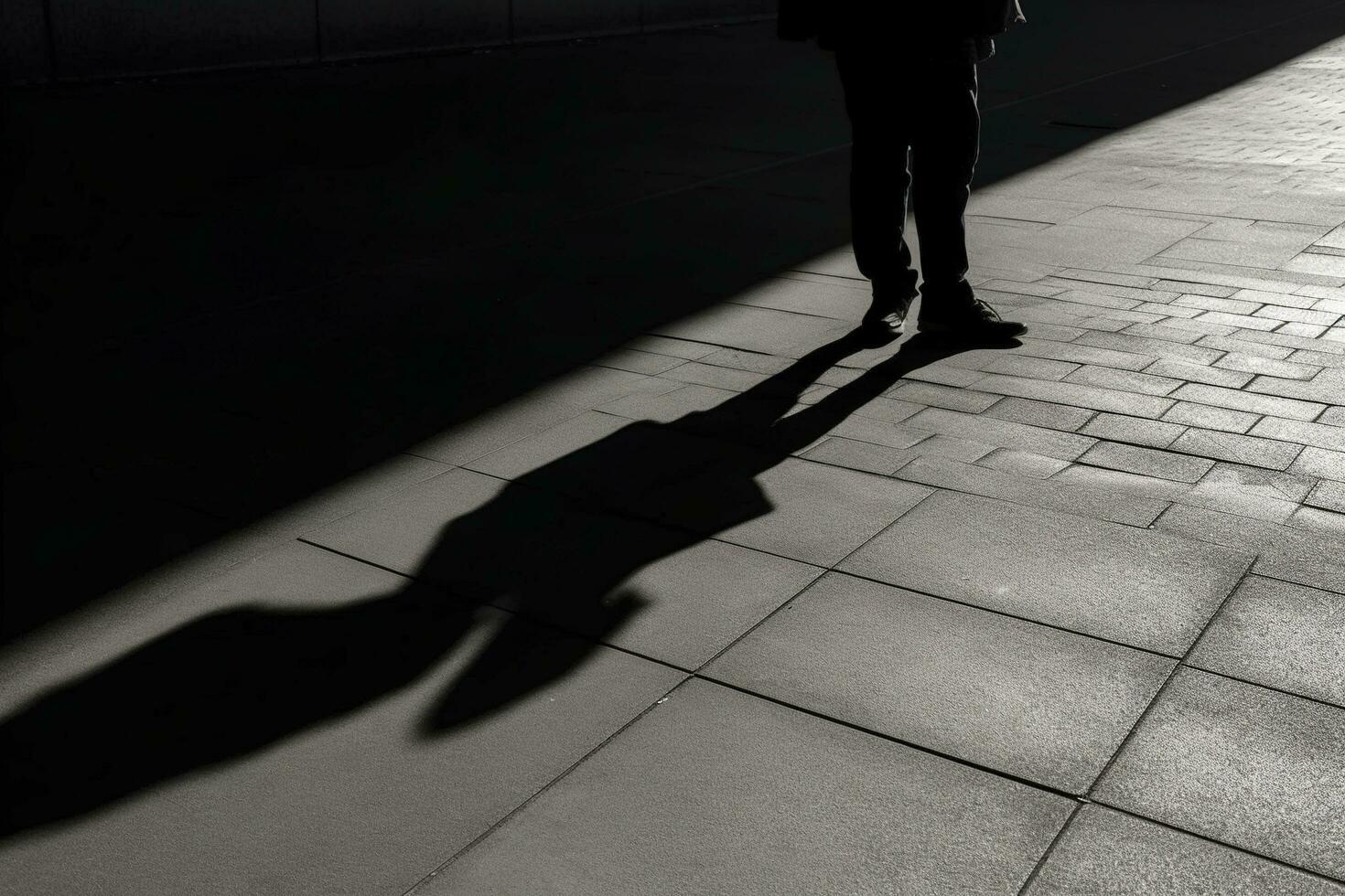 dunkel Schatten von ein einsam Person auf das Boden im das Straße. Fremder mit ein Zigarette. Angst, Depression, Einsamkeit, Angst Konzept, generieren ai foto