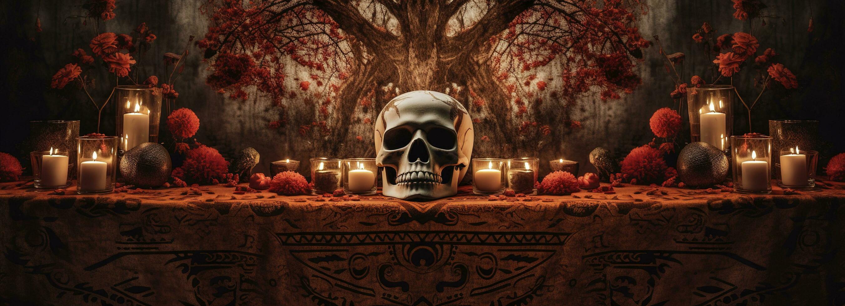 Tag von das tot Schädel. dia de los Muertos. Tag von das tot und Mexikaner Halloween Hintergrund. Mexikaner Tradition Festival. Tag von das tot Zucker Schädel. dia de los Muertos, generieren ai foto