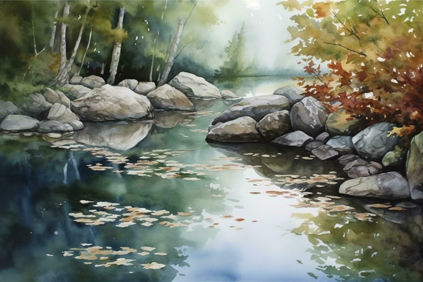 ein Aquarell Gemälde von ein friedlich See oder Teich Szene, mit kompliziert Einzelheiten von Wasser Wellen, Felsen, und Laub, generieren ai foto