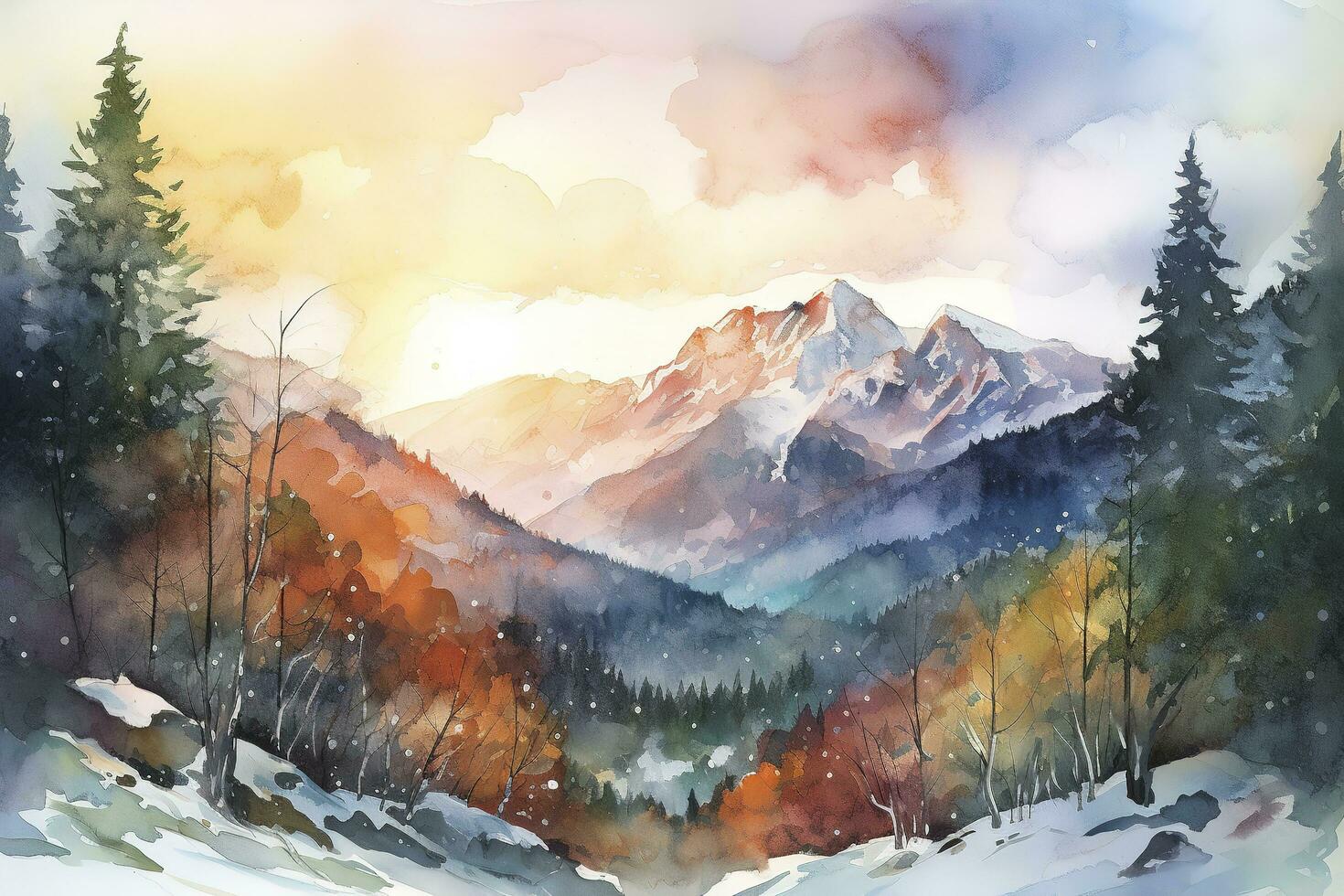 Farbe ein Aquarell Landschaft von ein Berg Angebot mit schneebedeckt Spitzen, mit ein beschwingt Sonnenuntergang Himmel und kompliziert Einzelheiten von Felsen und Bäume, generieren ai foto