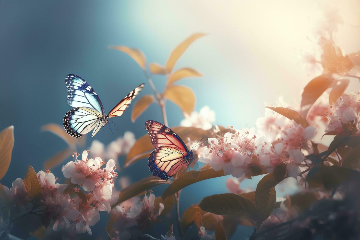 Frühling Banner, Geäst von blühen Kirsche gegen das Hintergrund von Blau Himmel, und Schmetterlinge auf Natur draußen. Rosa Sakura Blumen, verträumt romantisch Bild Frühling, Landschaft Panorama, generieren ai foto