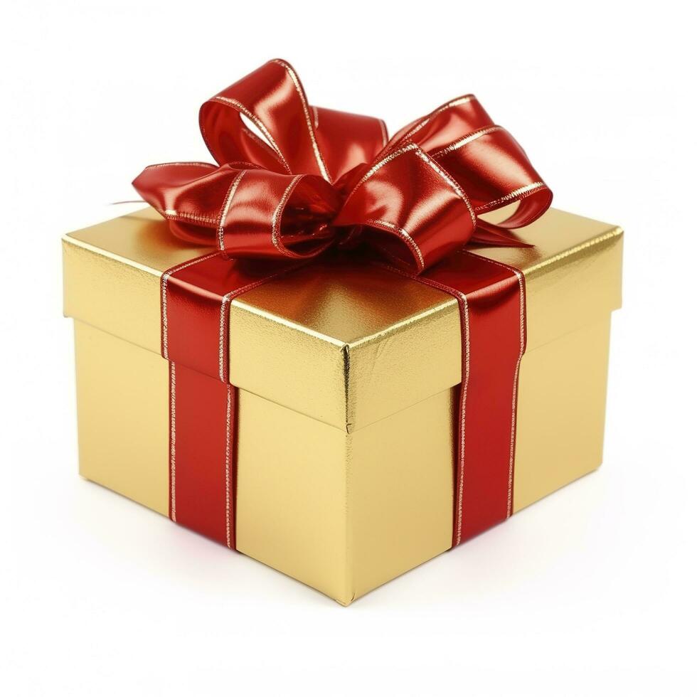 golden Geschenk Box isoliert auf ein Weiß Hintergrund , generieren ai foto