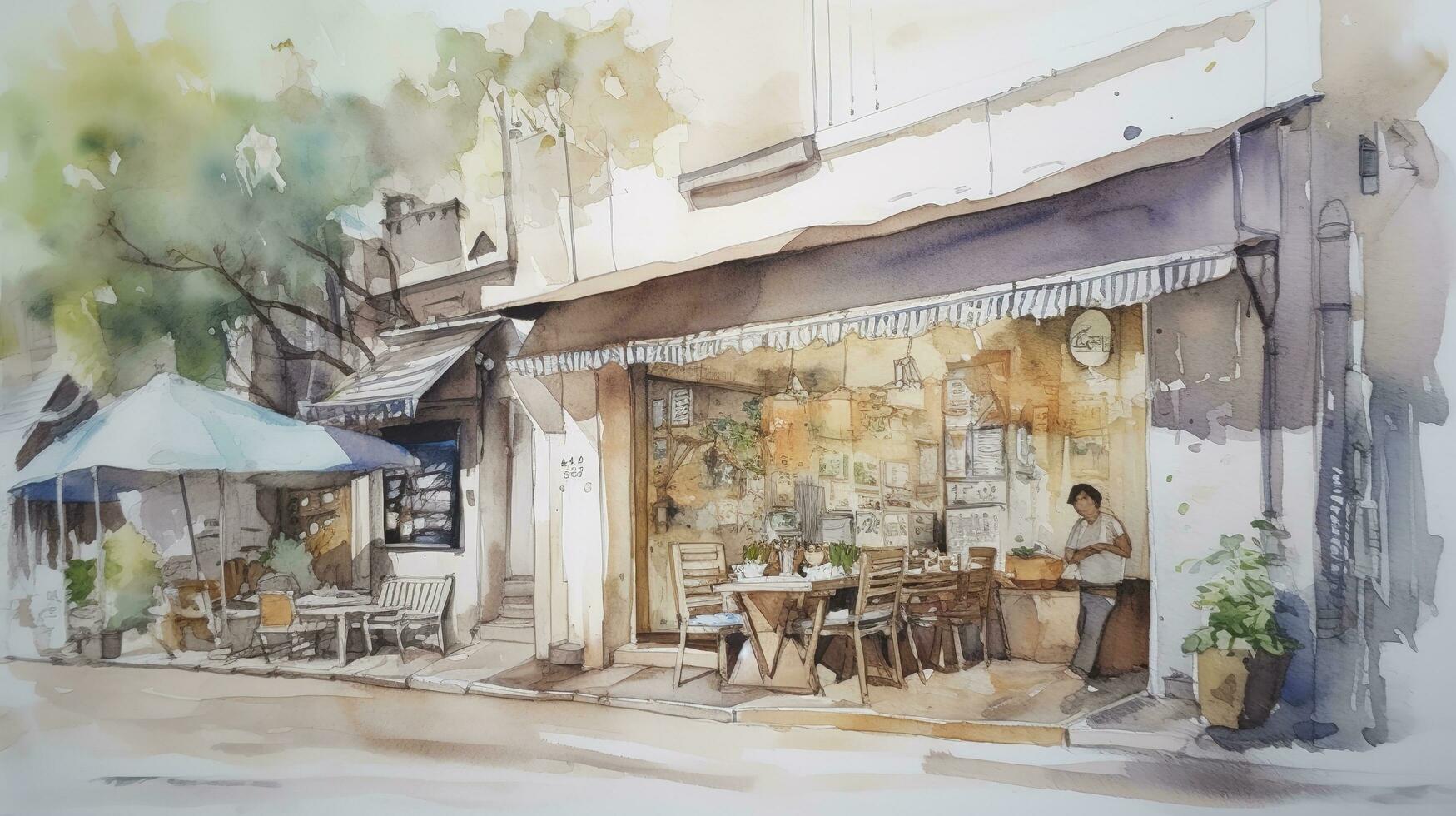 Licht Aquarell, draußen von ein Café hell Weiß Hintergrund, generieren ai foto