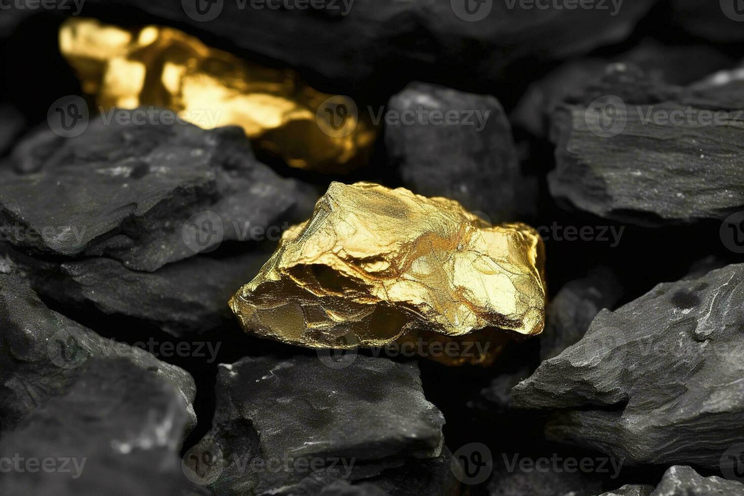 glänzend Gold Nuggets auf Kohlen, Nahansicht Sicht, generieren ai foto