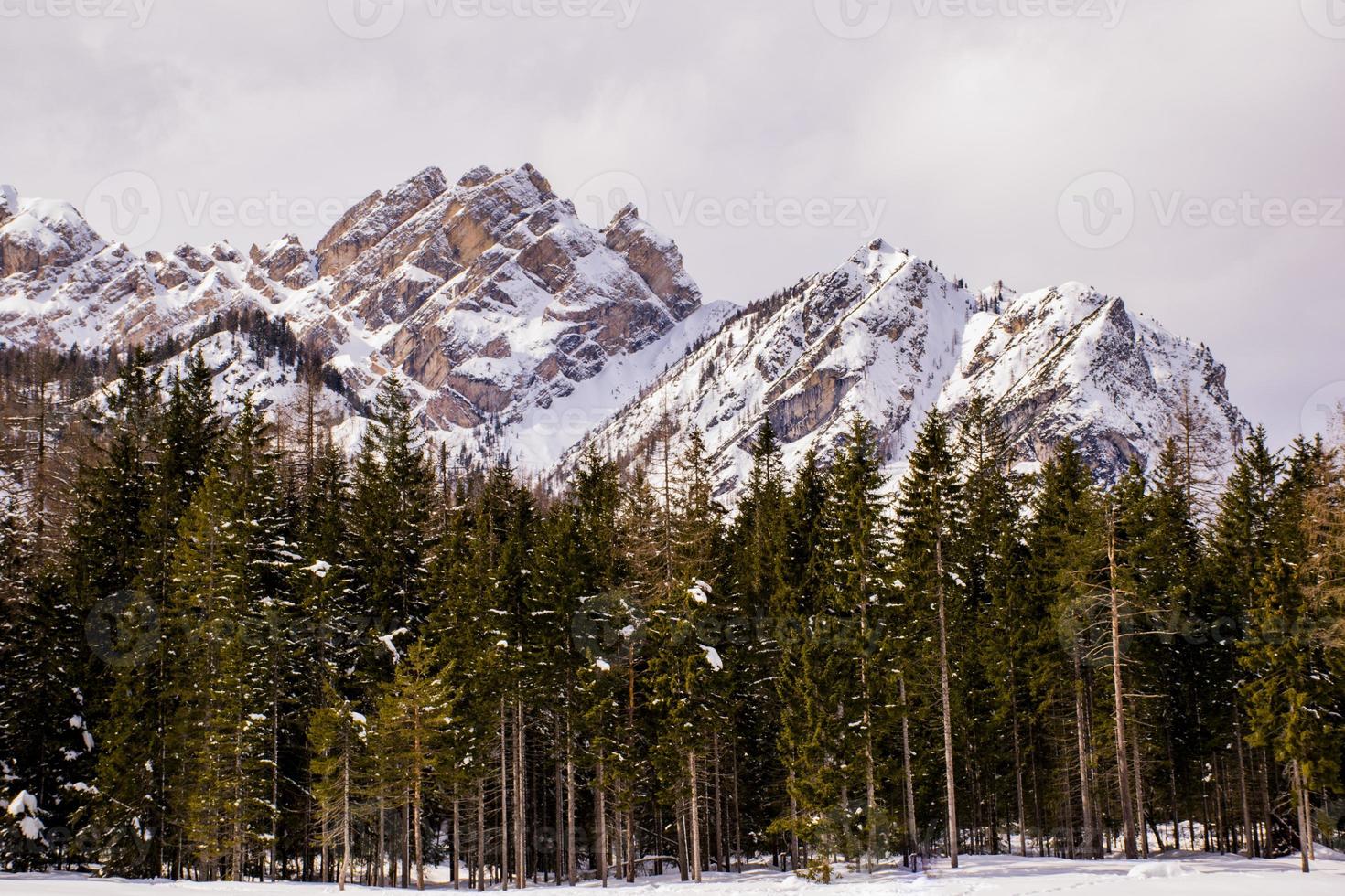 See schreit mit den Dolomiten, die mit weißem Schnee bedeckt sind foto