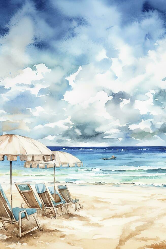 schön Strand Banner. Weiß Sand, Stühle, und Regenschirm Reise Tourismus breit Panorama Hintergrund Konzept. tolle Strand Aquarell Landschaft Aquarell malen, generieren ai foto