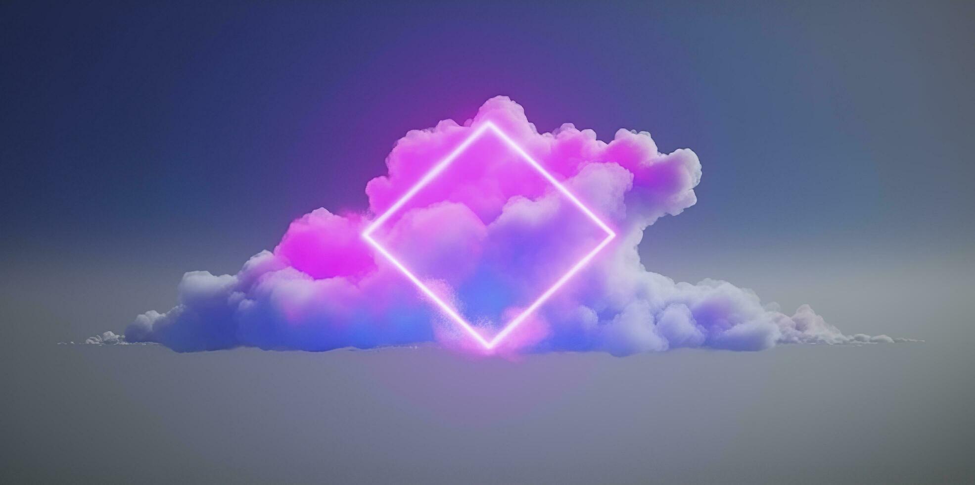 3d machen, abstrakt minimal Hintergrund mit Rosa Blau Gelb Neon- Licht Platz Rahmen mit Kopieren Raum, beleuchtet stürmisch Wolken, glühend geometrisch Form, generieren ai foto