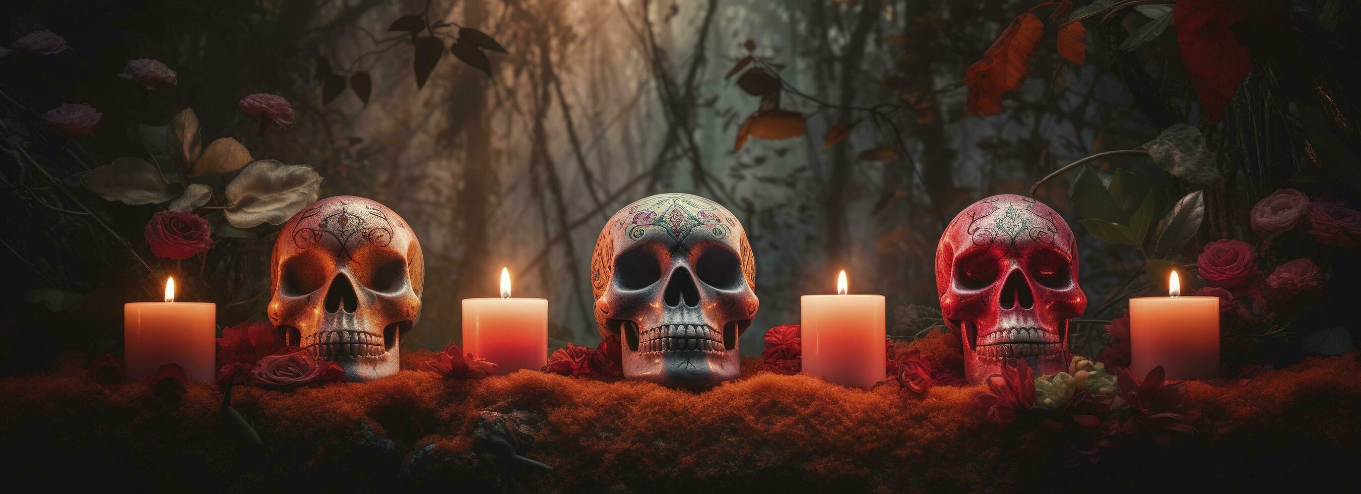 Tag von das tot Schädel. dia de los Muertos. Tag von das tot und Mexikaner Halloween Hintergrund. Mexikaner Tradition Festival. Tag von das tot Zucker Schädel. dia de los Muertos, generieren ai foto