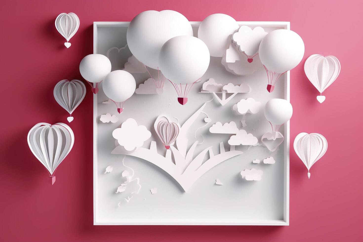 Papier Schnitt Stil, Valentinstag Tag mit Herz Ballon und Liebe, generativ ai foto