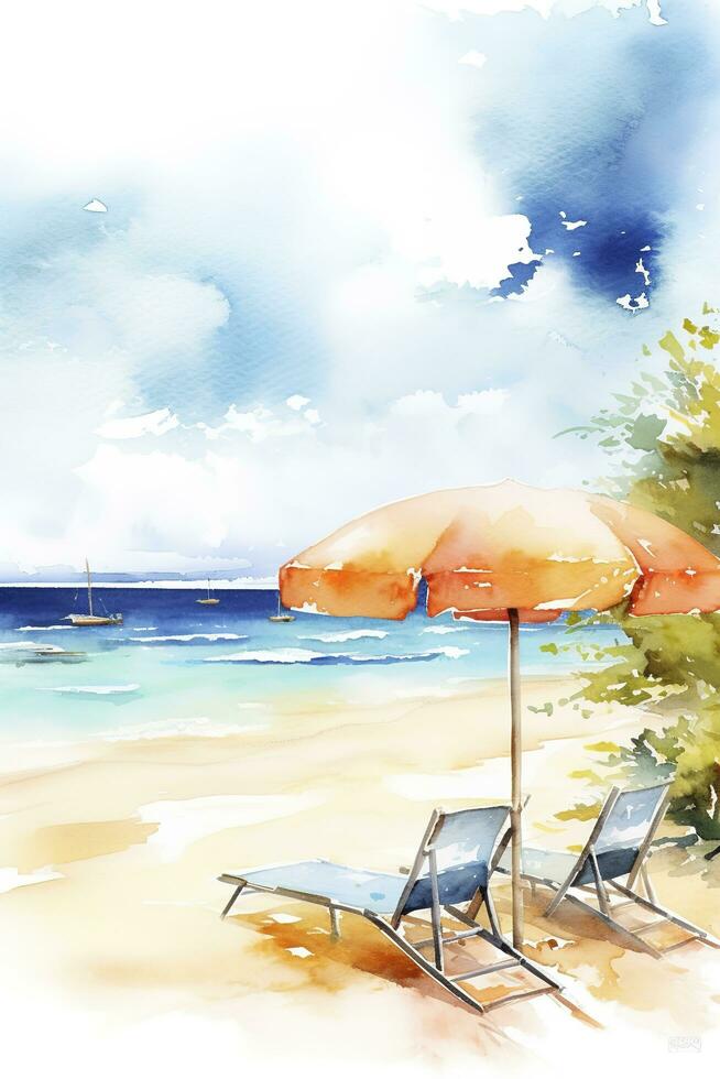 schön Strand Banner. Weiß Sand, Stühle, und Regenschirm Reise Tourismus breit Panorama Hintergrund Konzept. tolle Strand Aquarell Landschaft Aquarell malen, generieren ai foto