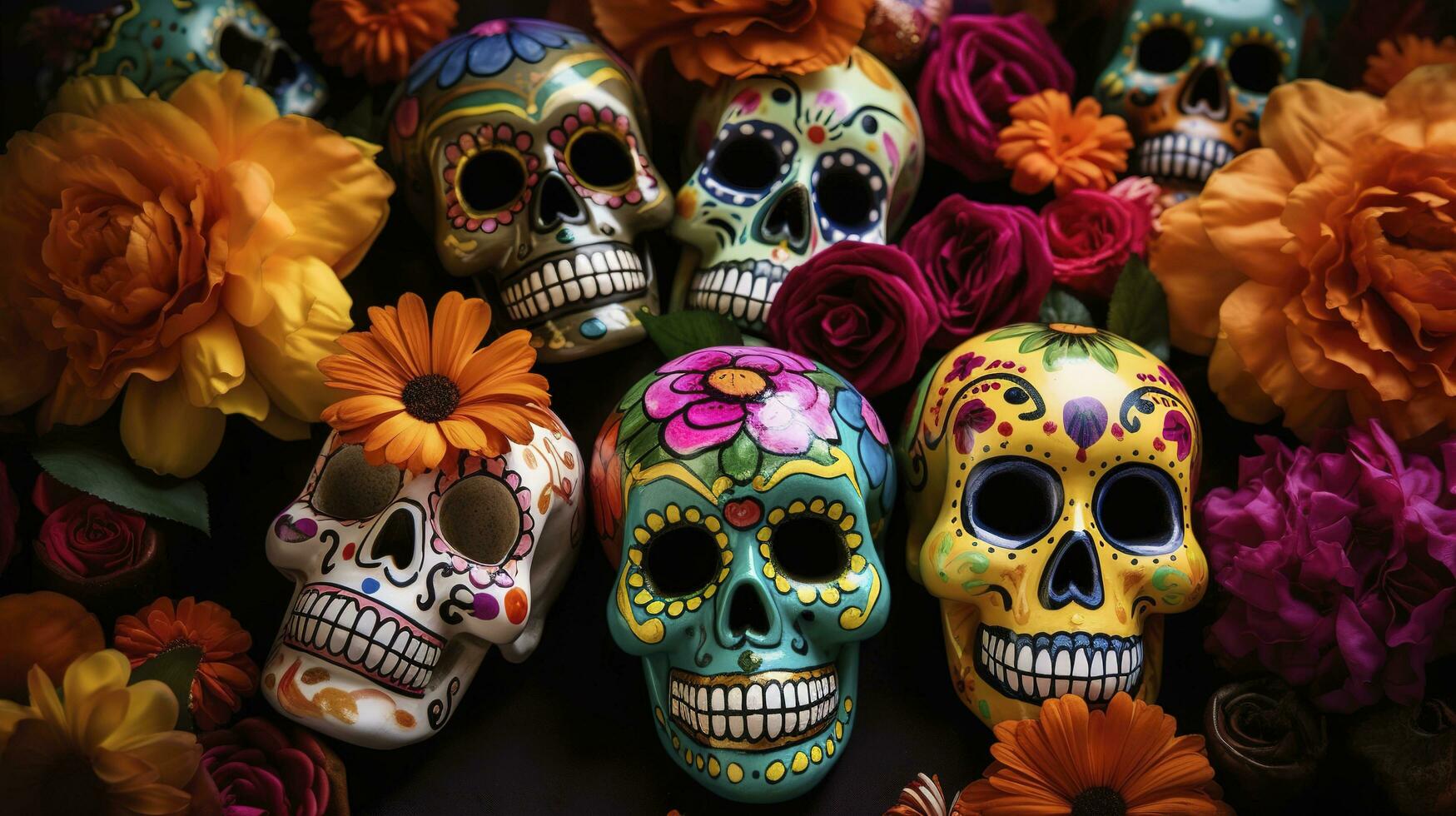 Tag von das tot Schädel. dia de los Muertos. Tag von das tot und Mexikaner Halloween Hintergrund. Mexikaner Tradition Festival. Tag von das tot Zucker Schädel. dia de los Muertos, generieren ai foto