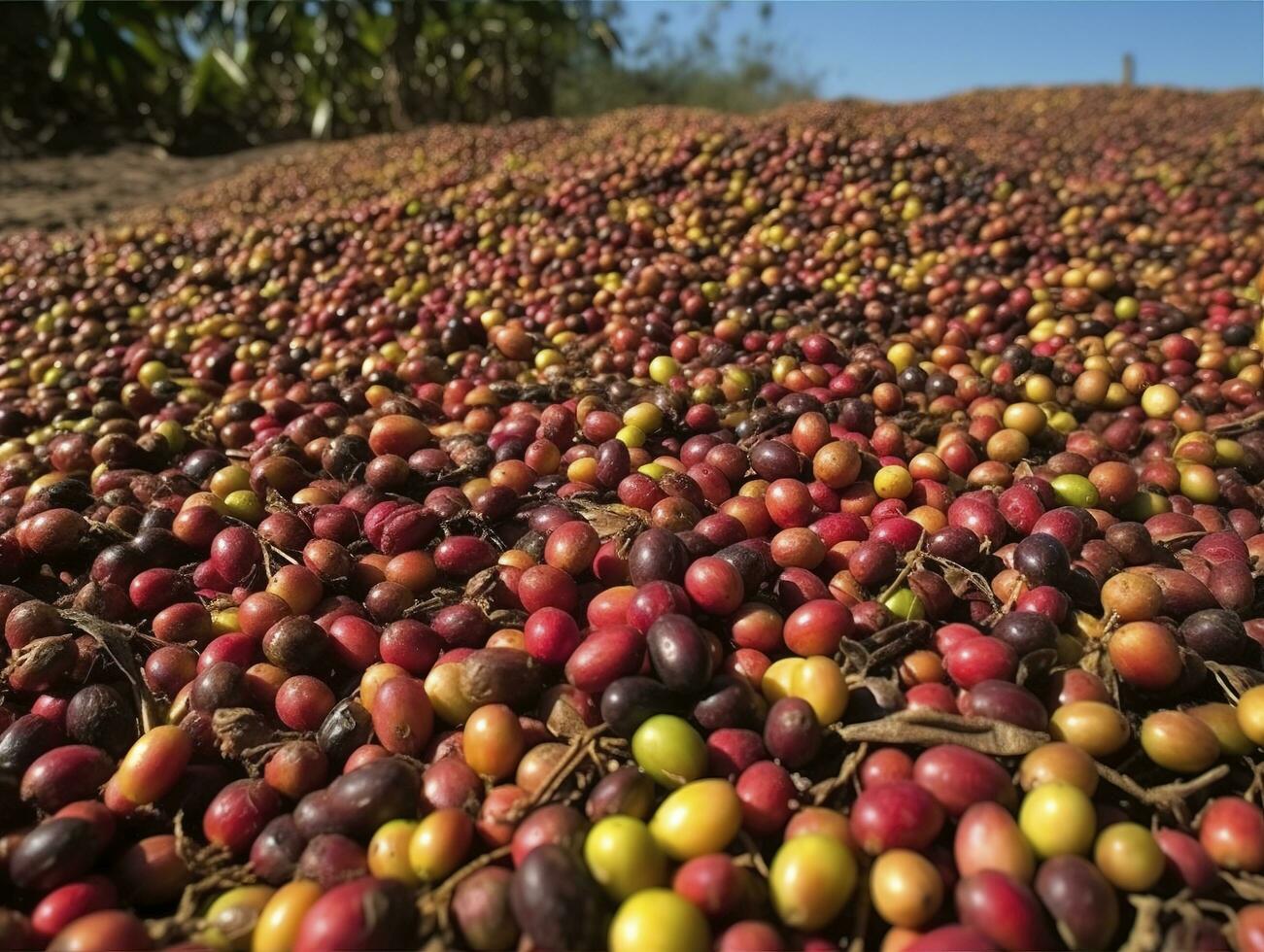 äthiopisch rot und Grün Kaffee Kirschen Lügen zu trocken im das Sonne. diese Prozess ist das natürlich Verfahren. gut zuria, Äthiopien, generieren ai foto