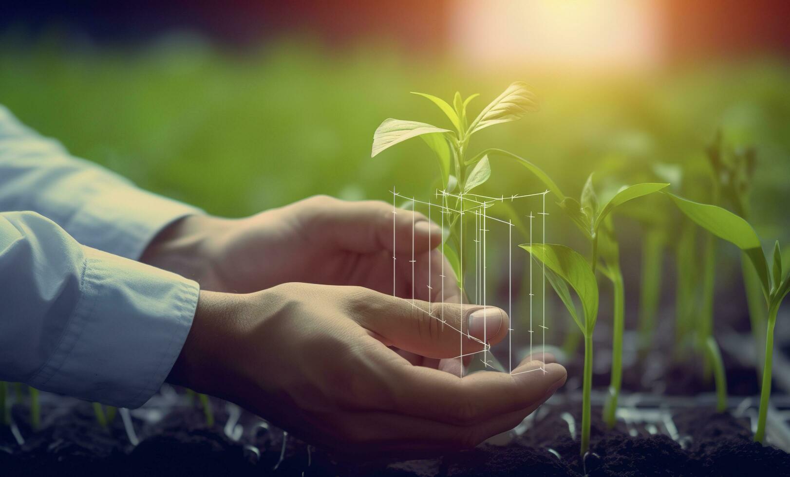 landwirtschaftlich Technologien zum wachsend Pflanzen und wissenschaftlich Forschung im das Feld von Biologie und Chemie von Natur. Leben Grün sprießen im das Hände von ein Bauer, generieren ai foto