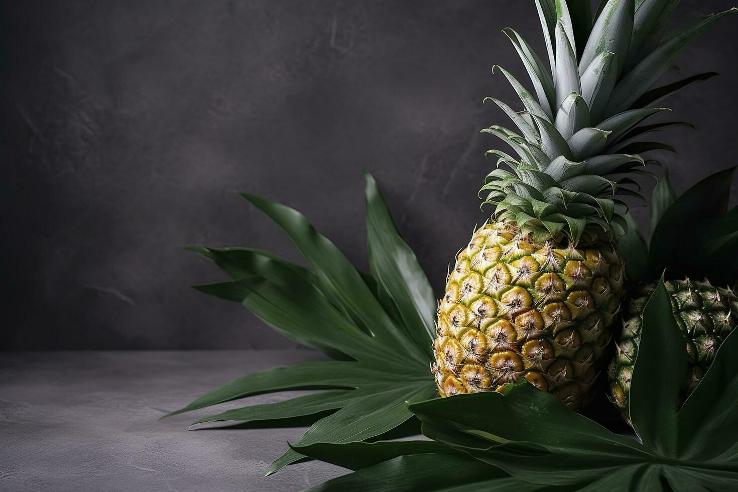frisch Ananas mit tropisch Blätter auf grau Hintergrund. , generieren ai foto