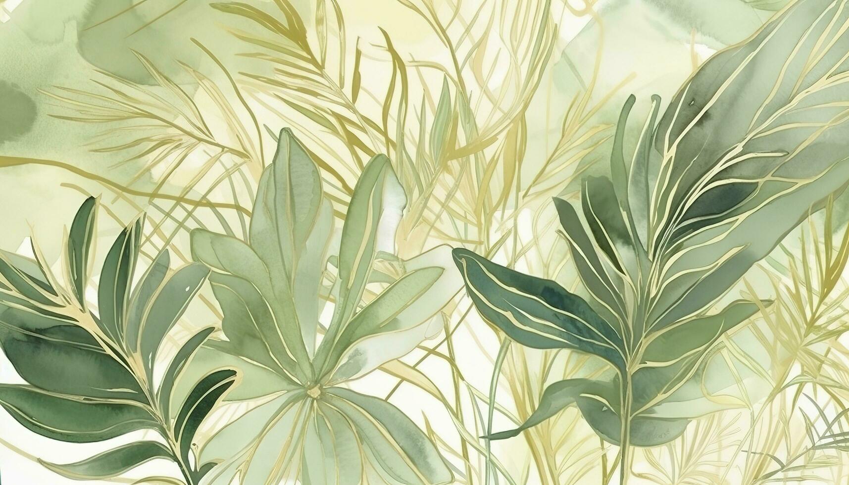 tropisch Laub Aquarell Hintergrund Vektor. Sommer- botanisch Design mit Gold Linie Kunst, Palme Blätter, Grün Aquarell Textur. Luxus tropisch Illustration zum Banner, generieren ai foto