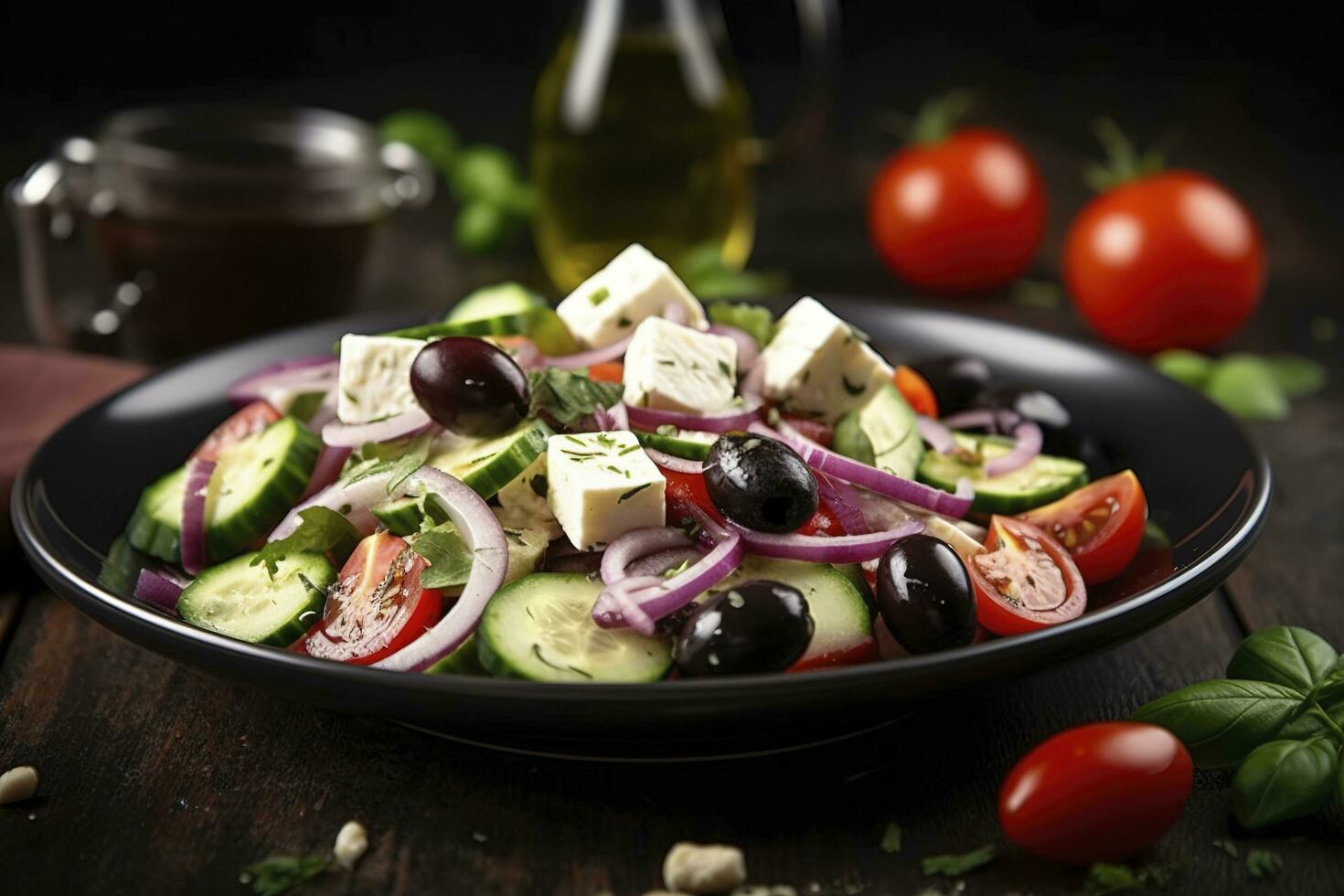 griechisch Salat mit frisch Gemüse, Feta Käse, kalamata Oliven, getrocknet Oregano, rot Wein Essig und Olive Öl. gesund Essen, generieren ai foto