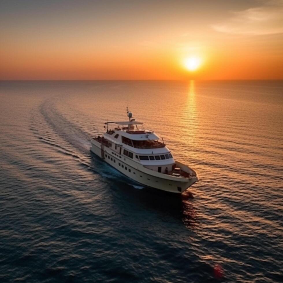 Yacht im das Meer beim Abend Sonnenuntergang Kreuzfahrt Ausflug Reise ai generiert foto