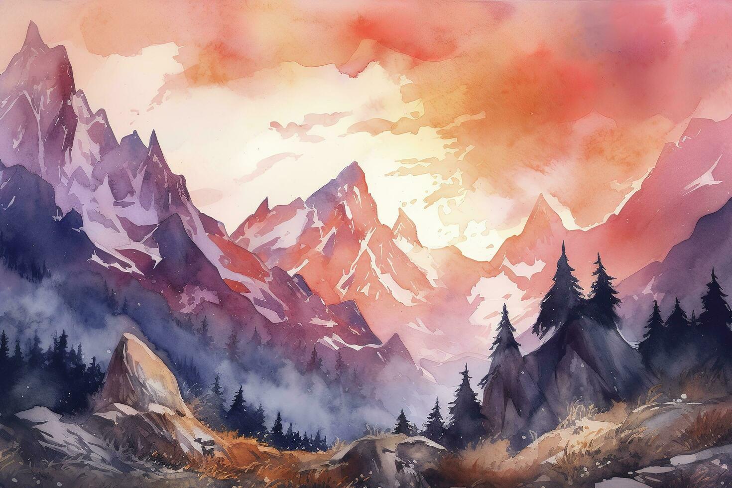 Farbe ein Aquarell Landschaft von ein Berg Angebot mit schneebedeckt Spitzen, mit ein beschwingt Sonnenuntergang Himmel und kompliziert Einzelheiten von Felsen und Bäume, generieren ai foto