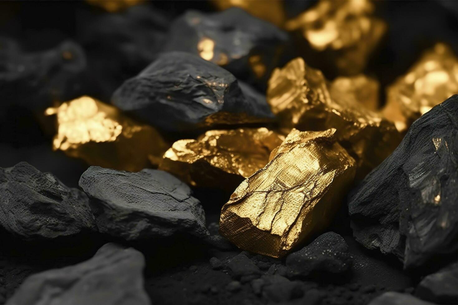 glänzend Gold Nuggets auf Kohlen, Nahansicht Sicht, generieren ai foto