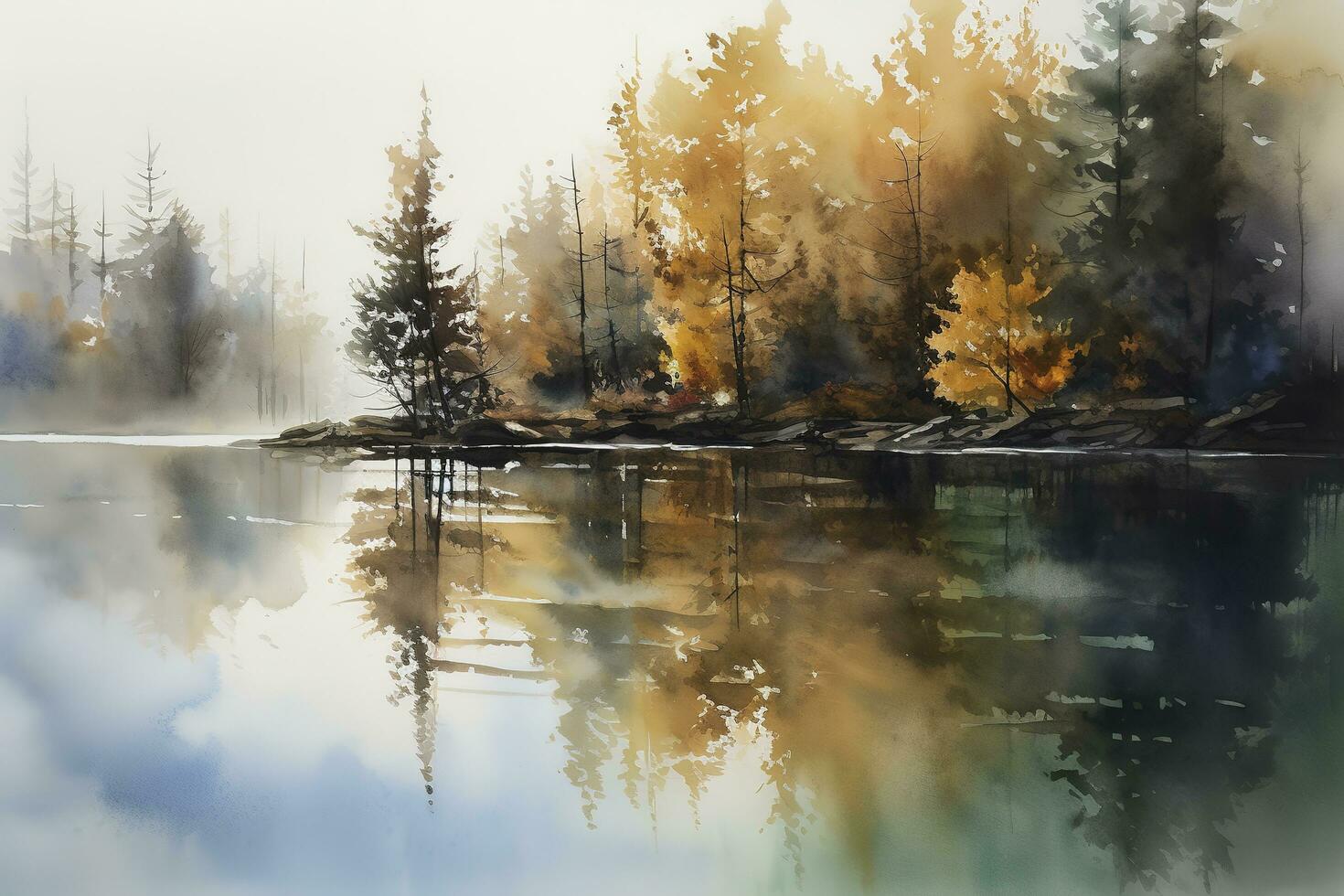 schön Aquarell Herbst Landschaft mit üppig bunt herbstlich Bäume auf das Ufer von Ruhe Wald See oder Teich beim sonnig fallen Tag. Digital Kunst Gemälde von meine besitzen 3d Rendern Datei , generieren ai foto