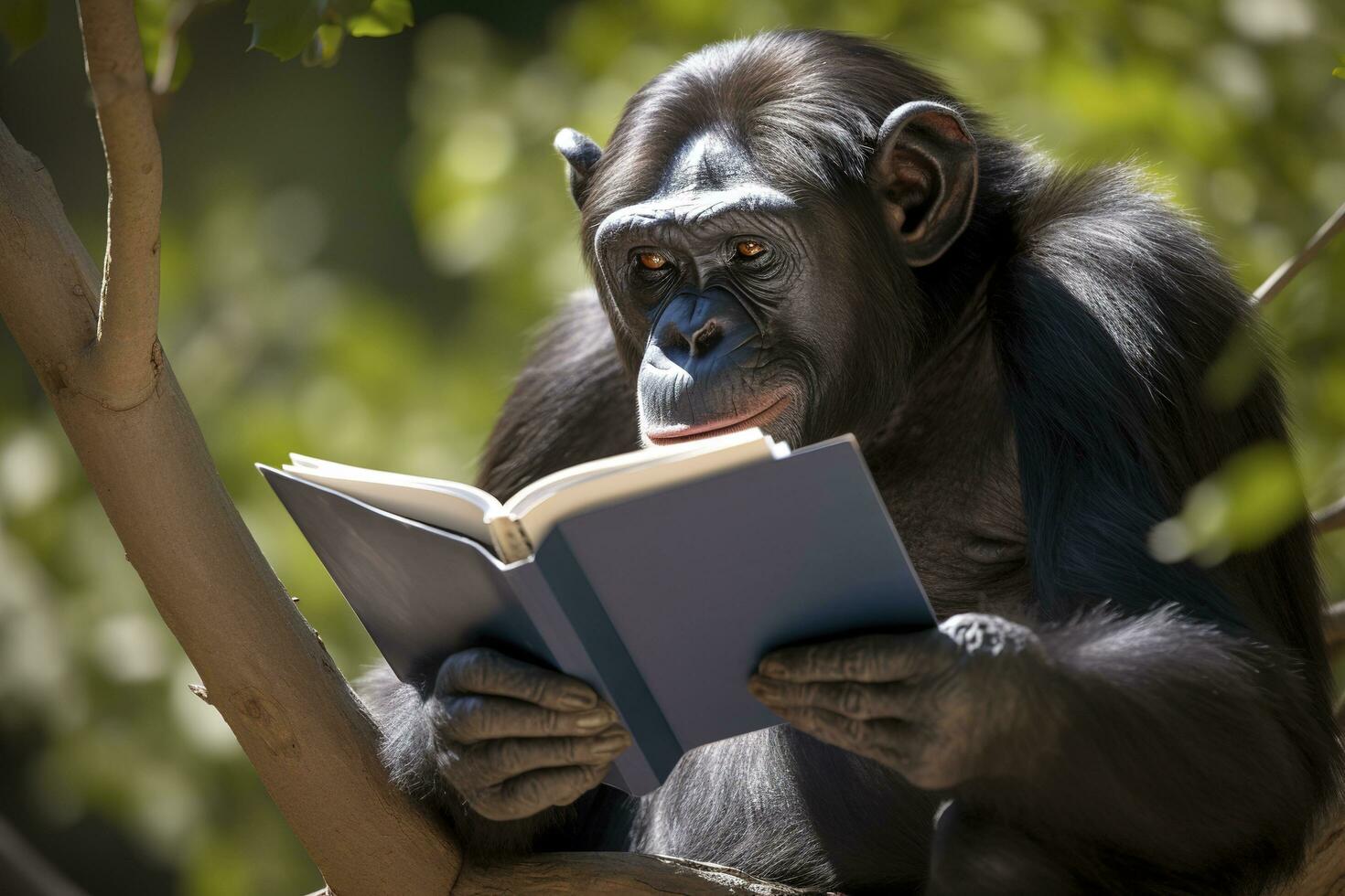 öffnen Buch mit Tier Karikatur spielen im das Park unter ein groß Baum, generieren ai foto