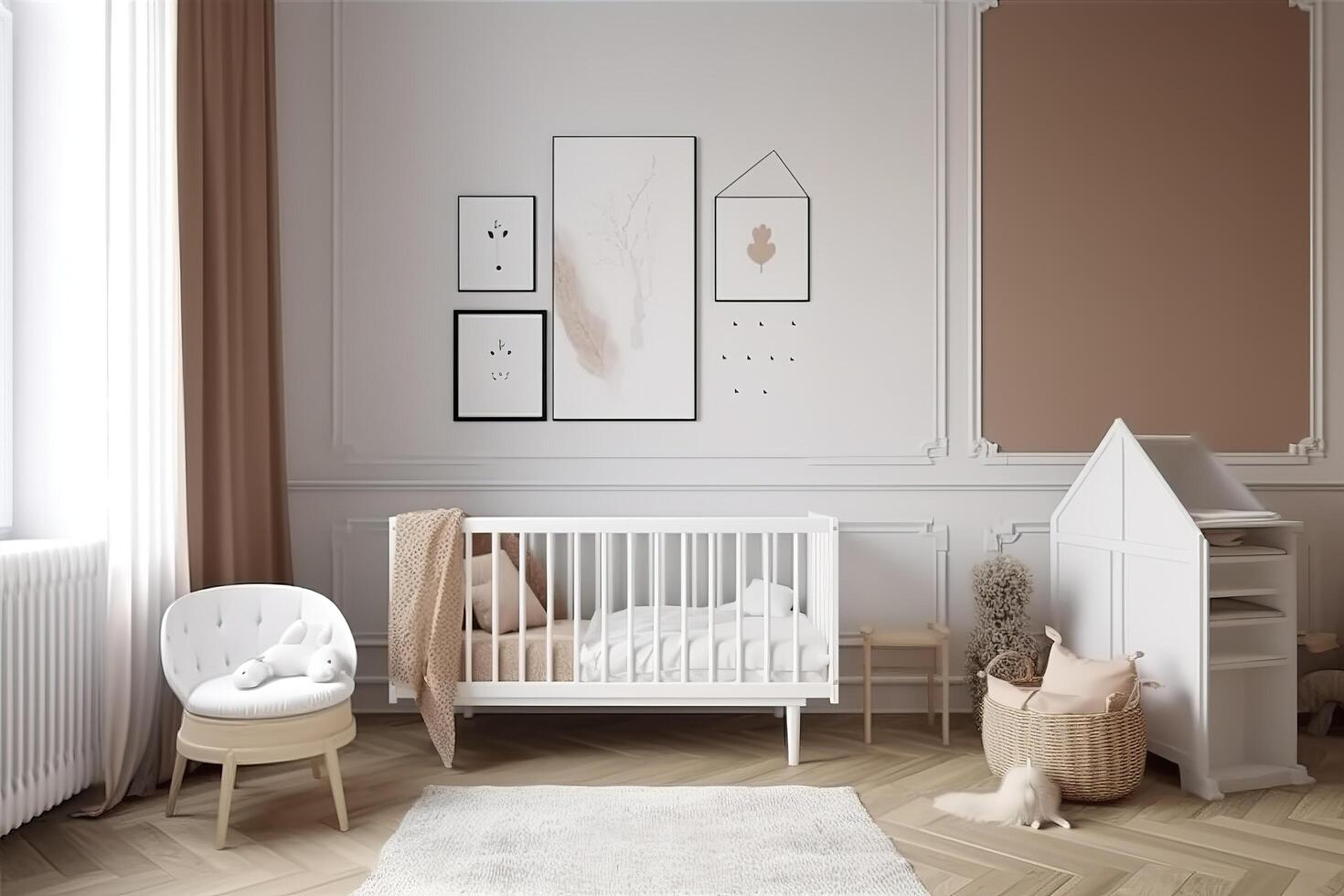 modern minimalistisch Kindergarten Zimmer im skandinavisch Stil. Baby Zimmer Innere im Licht Farben, ai generiert Bild foto