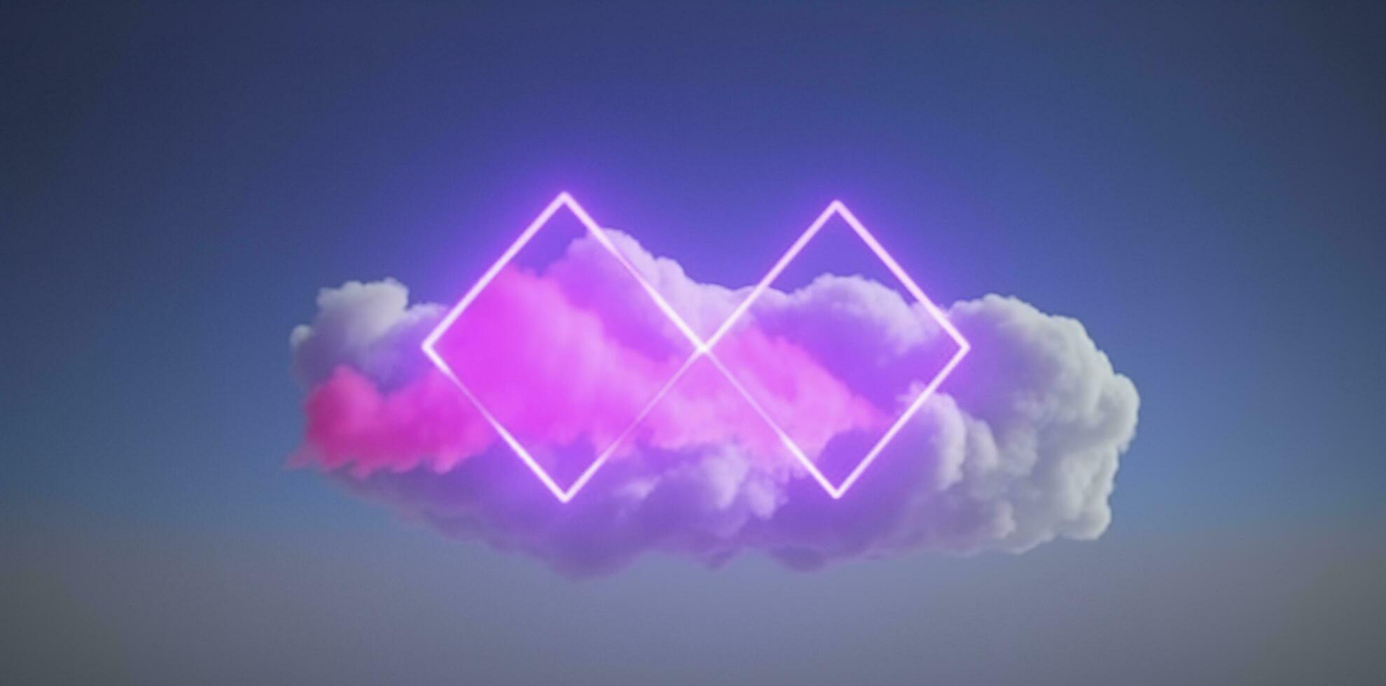 3d machen, abstrakt minimal Hintergrund mit Rosa Blau Gelb Neon- Licht Platz Rahmen mit Kopieren Raum, beleuchtet stürmisch Wolken, glühend geometrisch Form, generieren ai foto