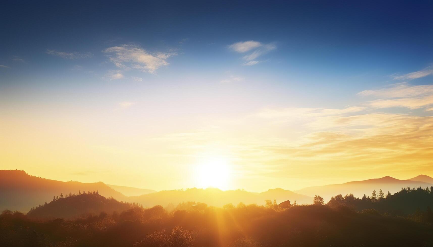 Sonnenaufgang Über Grün Wald mit Berge und Fluss Hintergrund generativ ai foto