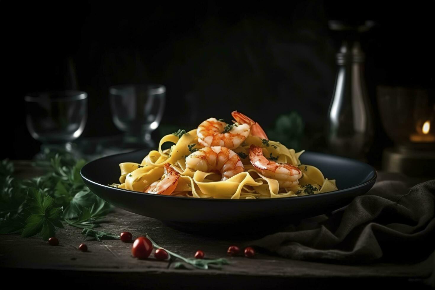 traditionell Italienisch Tagliatelle ai Gamberoni Pasta mit König Garnelen und Kräuter serviert wie Nahansicht auf ein Design Teller mit Kopieren Raum, generieren ai foto