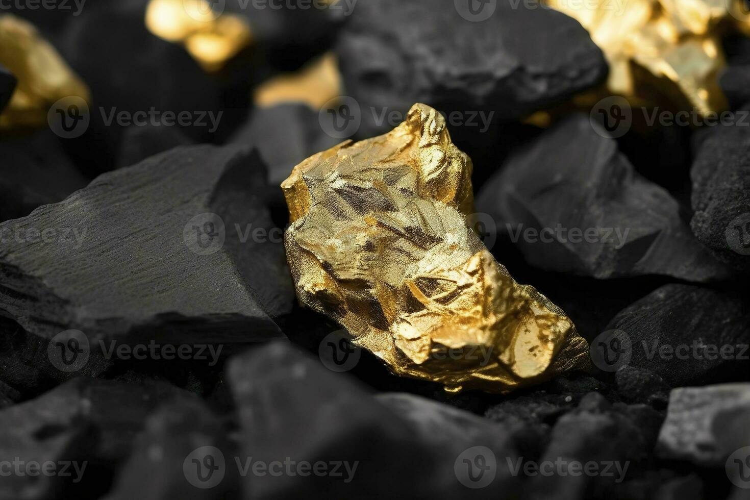 glänzend Gold Nuggets auf Kohlen, Nahansicht Sicht, generieren ai foto