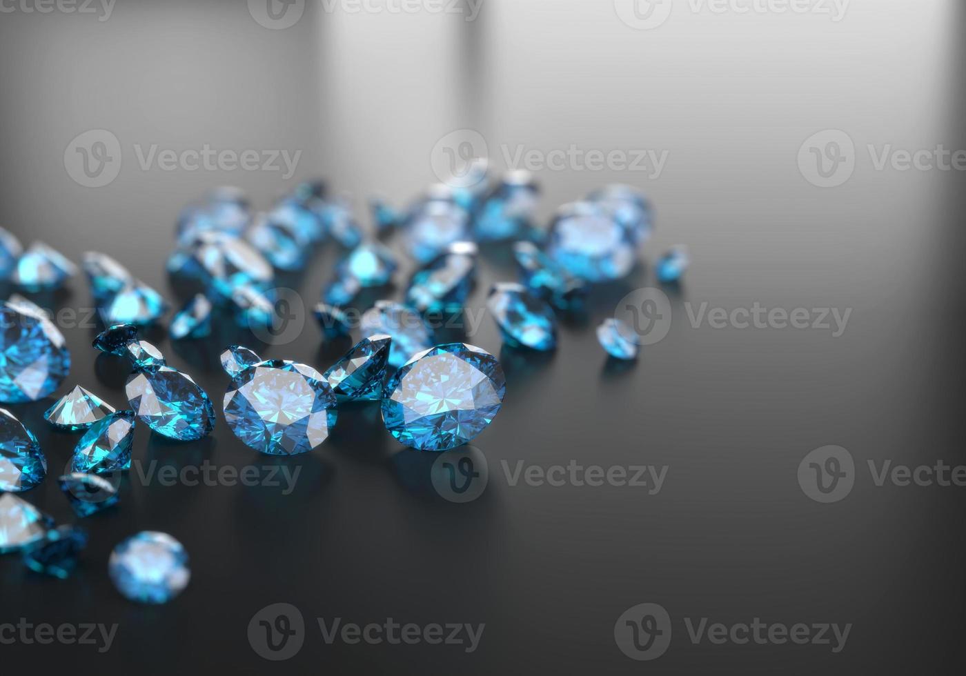 Gruppe von blauen Diamant-Saphir platziert auf glänzendem Hintergrund Hauptobjekt Fokus 3D-Rendering foto