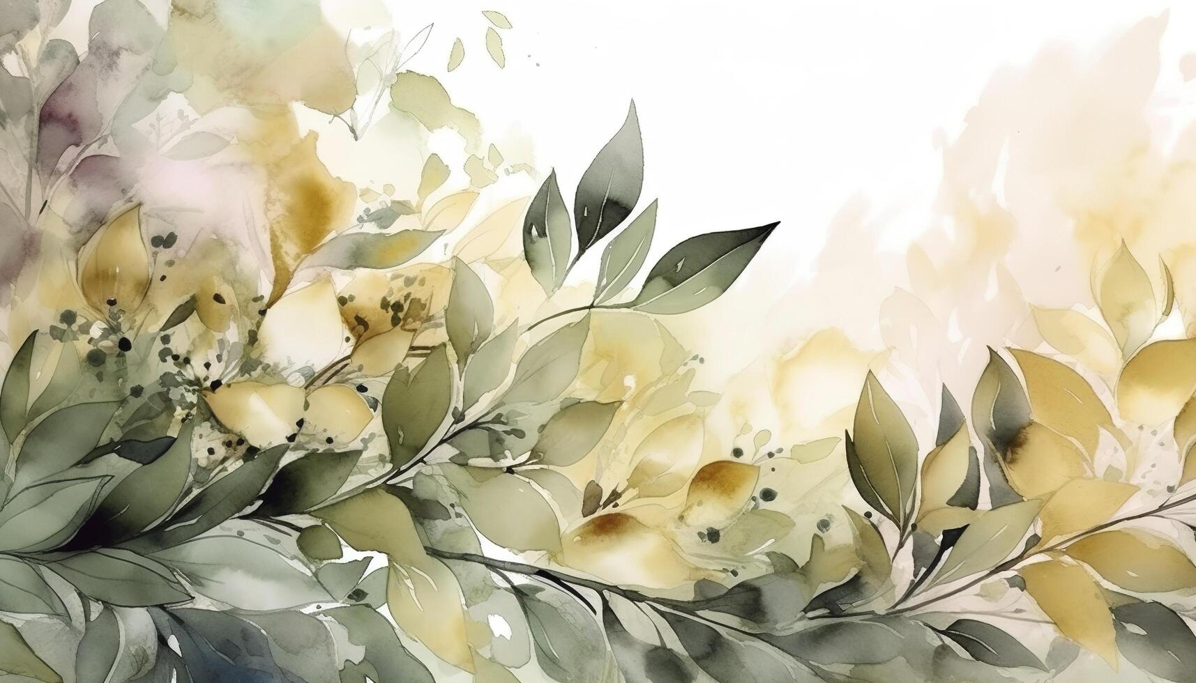 Aquarell Blumen- Muster mit Grün und Gold Blätter Hochzeit Einladung generativ ai foto