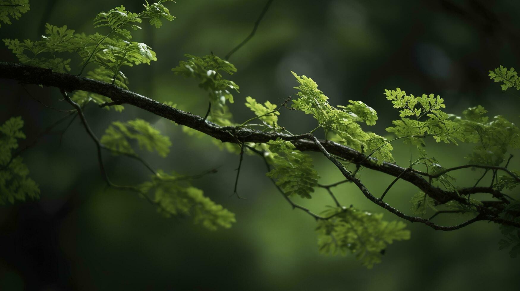 Erde Tag und Welt Umgebung Tag, Frühling, tropisch Baum Blätter und Ast mit schön Grün Wald Hintergrund, generieren ai foto