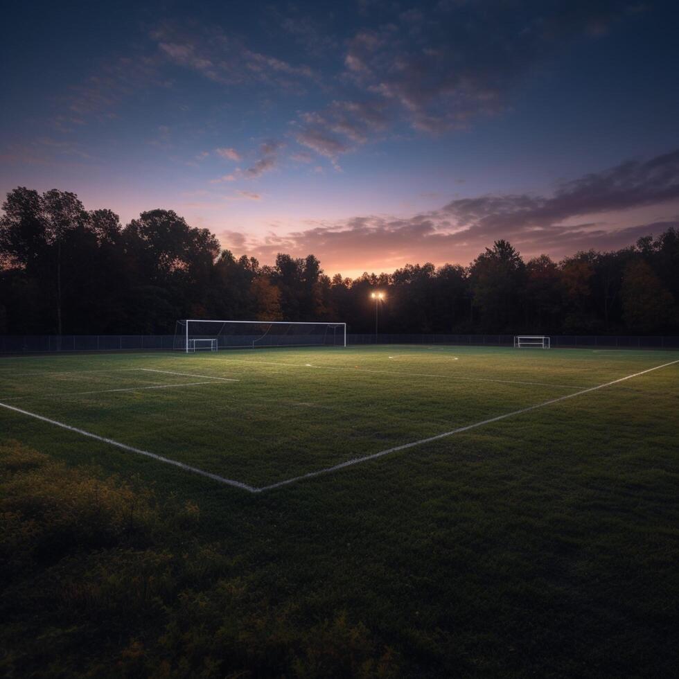 Fußball Feld Abend Aussicht ai generiert foto