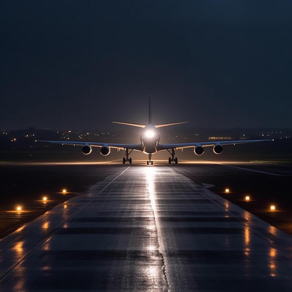 Landung Runway im Nacht Beleuchtung ai generiert foto