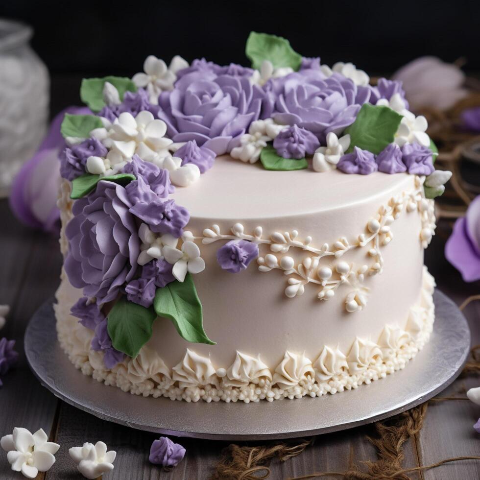Geburtstag Kuchen mit Sahne Blumen und lila Dekoration ai generiert foto