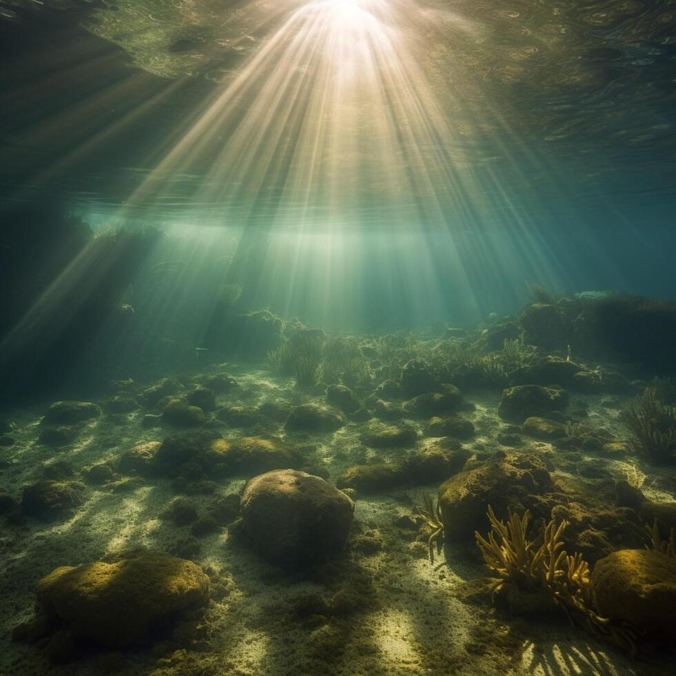 das Sonne Strahlen brechen durch unter das Wasser ai generiert foto