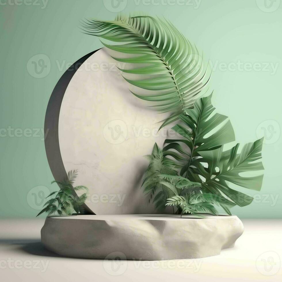 Stein Podium zum kosmetisch Anzeige mit Natur tropisch Blätter foto