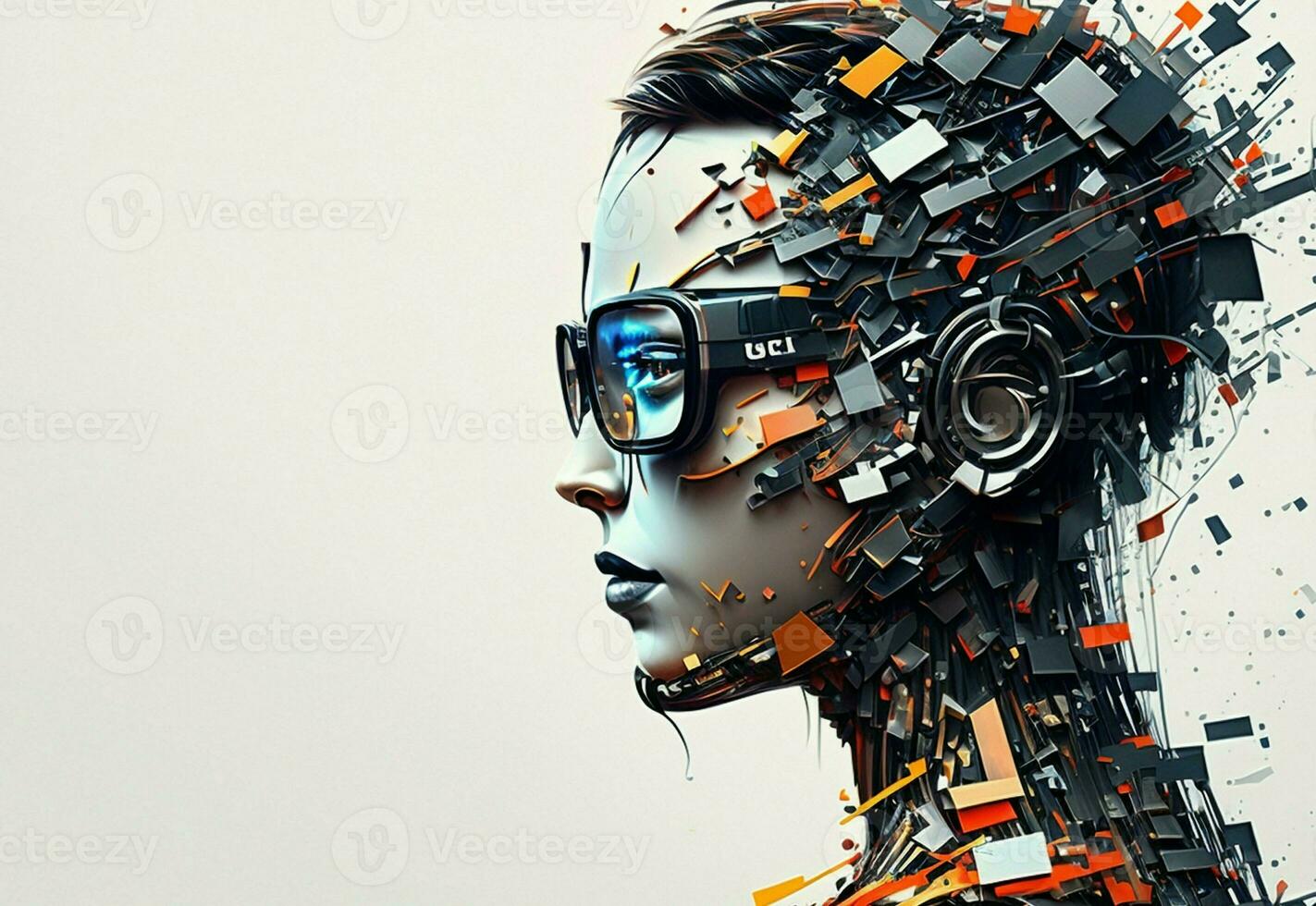 Profil Porträt von Roboter bot ai mit in Verbindung gebracht Brille Weiß Hintergrund. Synthetik Humanoid Roboter, künstlich Intelligenz.Porträt von Gynoid, futuristisch Cyborg. Banner mit Raum zum Text, Kopieren Raum foto