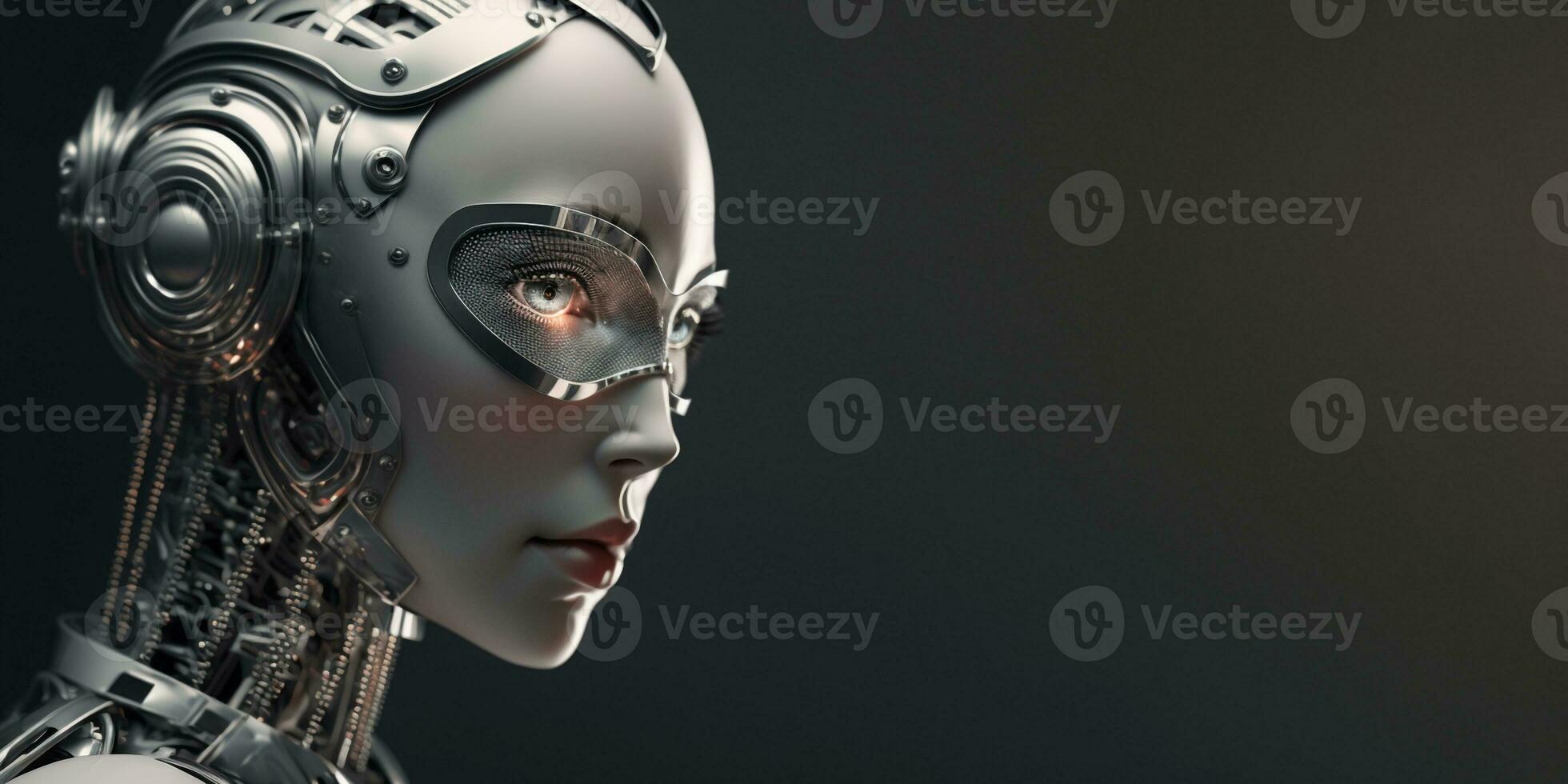 Profil Porträt von Roboter bot ai mit in Verbindung gebracht Brille Weiß Hintergrund. Synthetik Humanoid Roboter, künstlich Intelligenz.Porträt von Gynoid, futuristisch Cyborg. Banner mit Raum zum Text, Kopieren Raum foto