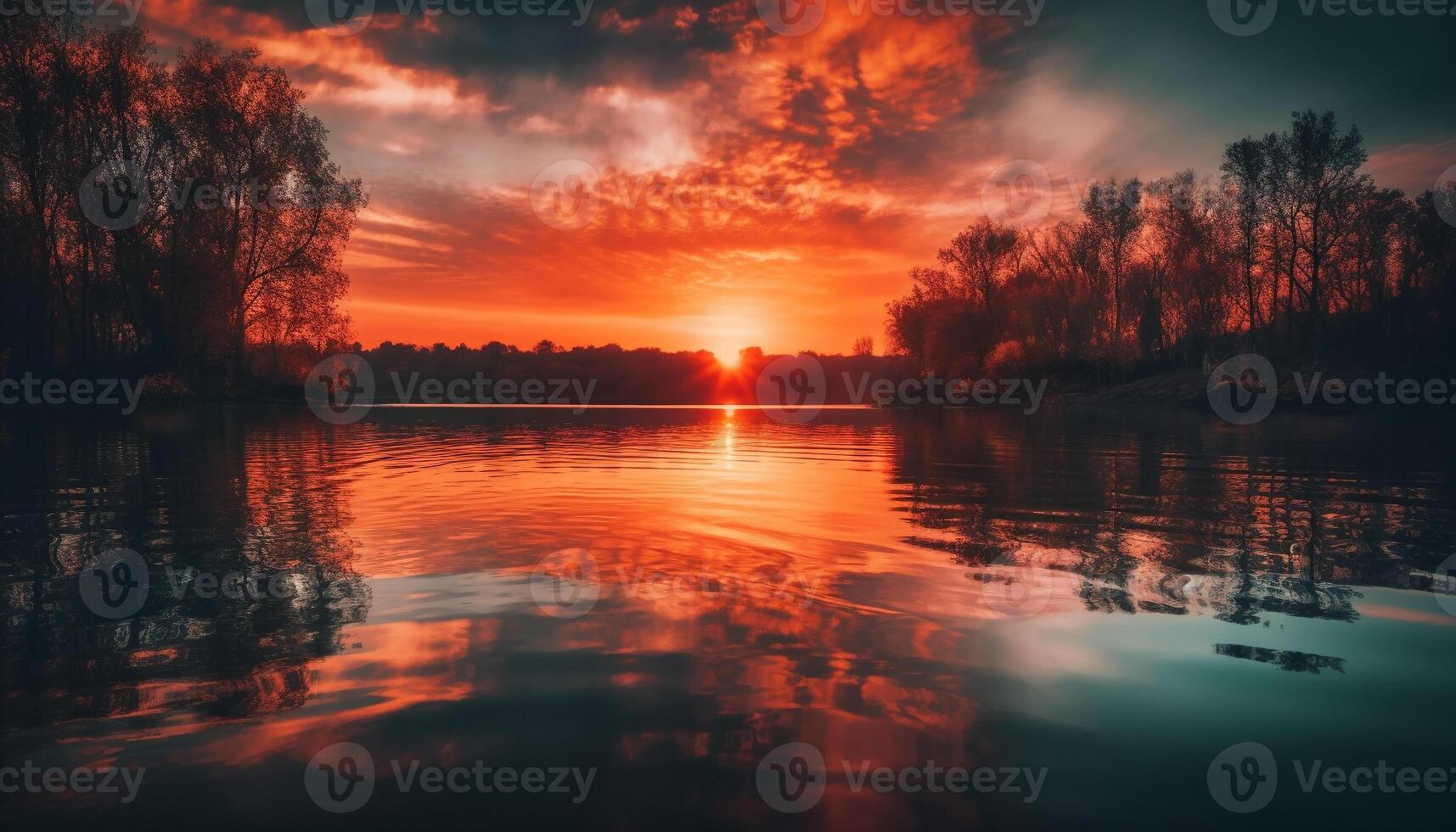 beschwingt Sonnenuntergang Betrachtung auf still Teich Oberfläche generiert durch ai foto