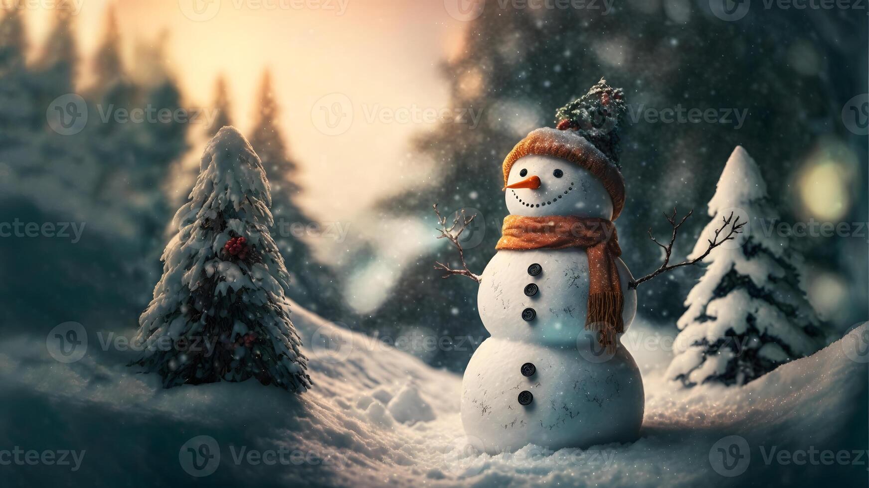 klein Schneemann beim Winter Tag im Vorderseite von Tanne Wald - - Nahansicht mit selektiv Fokus und Bokeh, neural Netzwerk generiert Kunst foto