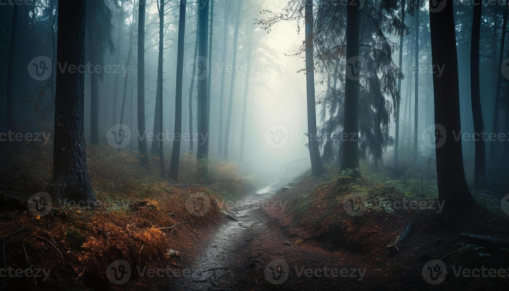 nebelig Wald Geheimnis, gespenstisch Herbst Abenteuer wartet generiert durch ai foto