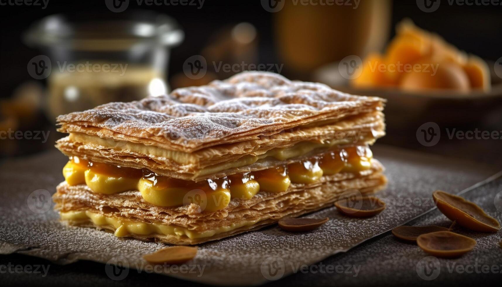 hausgemacht Dessert Stapel Obst Waffel mit Karamell generiert durch ai foto