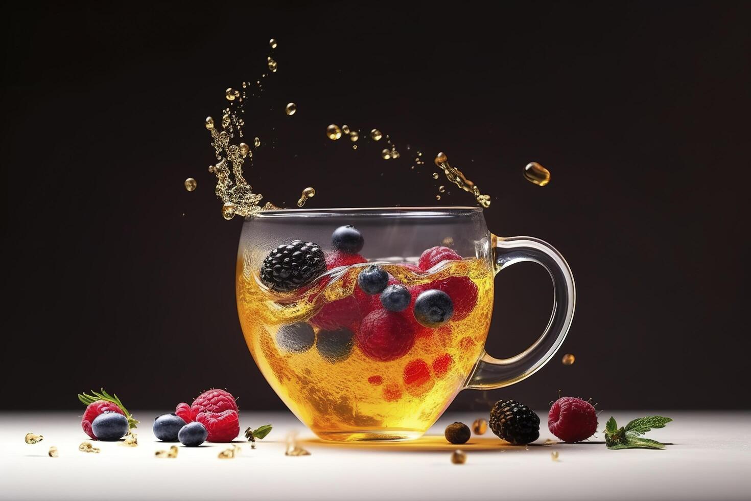 Magie Tee Konzept, schweben Wirkung. fliegend Zutaten zum Kräuter- Tee mit Honig und Beeren. Tee im transparent Glas Tee Tasse, Schweben. ai generiert Bild foto