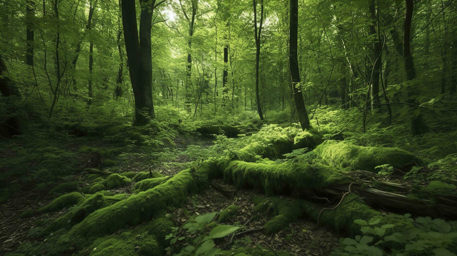 Erde Tag und Welt Umgebung Tag, Frühling, schön natürlich grün Grün Wald im Sommer, generieren ai foto